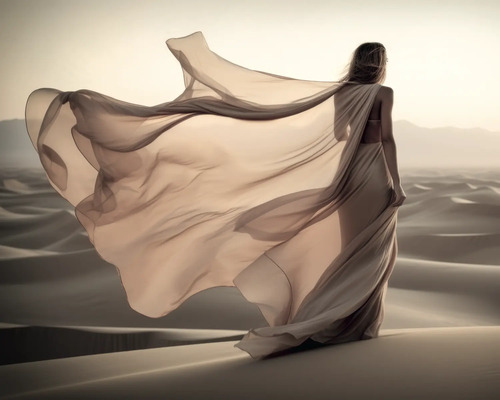 Eine Frau mit fließendem Kleid steht in einer Wüste.