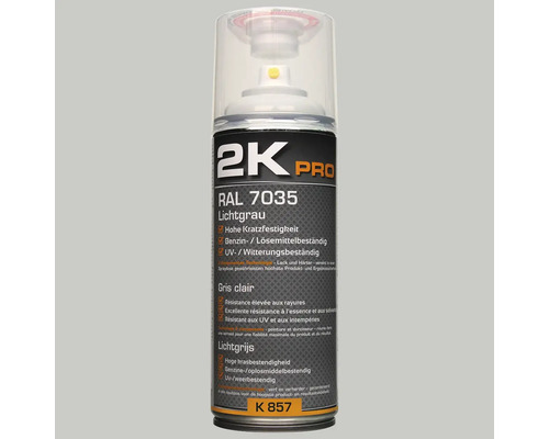Peinture aérosol 2K PRO brillant RAL 7035 gris clair 400 ml Aérosol 2K Pro gris clair RAL 7035 avec une résistance élevée aux rayures, une résistance à l''essence et aux solvants, ainsi qu''une résistance aux UV et aux intempéries