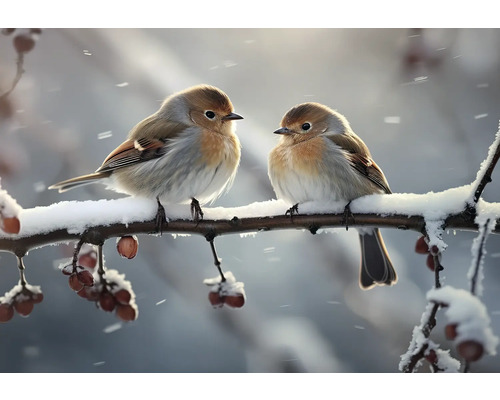 Leinwandbild zwei Rotkäppchen bei Schnee 116x80 cm Zwei Vögel sitzen auf einem verschneiten Ast.