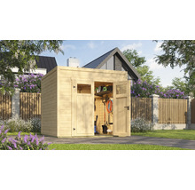 Gartenhaus aus Holz mit geöffneten Doppeltüren und Gartengeräten