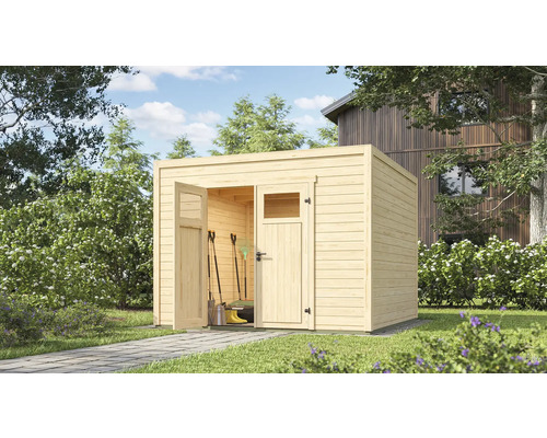 Abri de jardin weka Batu 3 300 x 307,4 cm naturel Abri de jardin en bois avec portes ouvertes dans un jardin