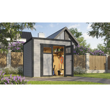 Abri de jardin avec portes doubles ouvertes et outils de jardin à l'intérieur.