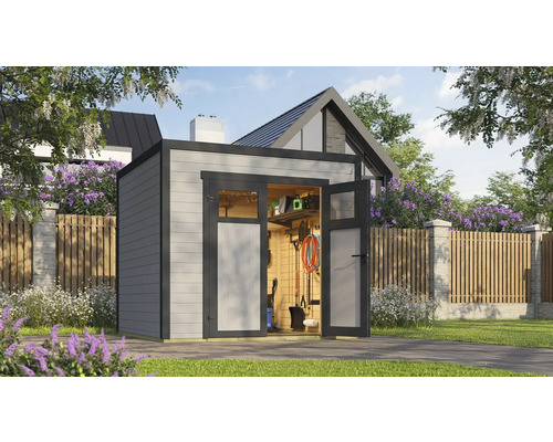 Abri de jardin avec portes doubles ouvertes et outils de jardin à l'intérieur.