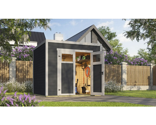 Abri de jardin weka Batu 2 250 x 257,5 cm anthracite Abri de jardin avec portes doubles ouvertes et outils de jardinage