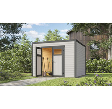 Abri de jardin moderne en bois avec porte ouverte dans le jardin.