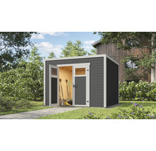 Abri de jardin moderne avec porte ouverte dans le jardin