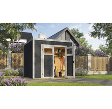 Gartenschuppen mit geöffneten Doppeltüren und Gartengeräten