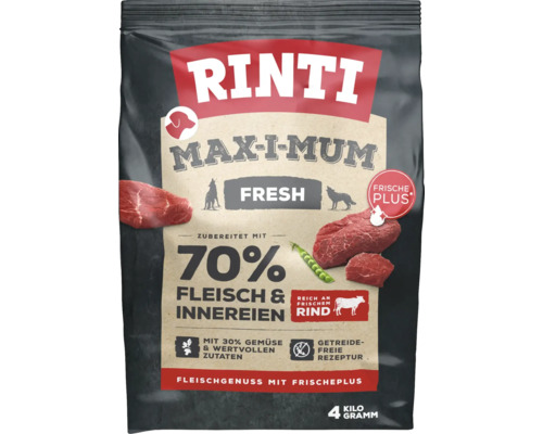 Croquettes pour chien, Rinti Max-i-mum bœuf sans céréales 4 kg Aliment pour chien Rinti Max-I-Mum Fresh au boeuf en paquet de 4 kilogrammes