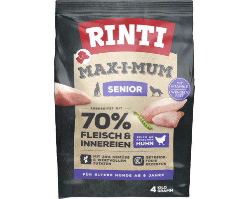 Croquettes pour chien RINTI Max-i-mum Senior poulet 4 kg Rinti Max-I-Mum Senior aliments secs pour chiens âgés de 8 ans et plus, avec 70% de viande et d''abats, 4 kilogrammes