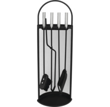 Garniture de cheminée avec pelle, balai, tisonnier et pince dans un support en métal noir