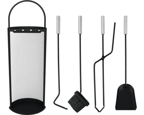 Serviteur de cheminée avec pelle, balai, tisonnier et pince