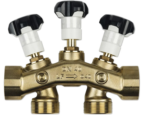 Distributeur en laiton avec trois vannes et poignées noires