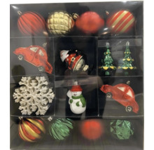 Ensemble de décorations de sapin de Noël variées dans un emballage, comprenant des boules, une voiture, un bonhomme de neige, un Père Noël, un flocon de neige et un arbre