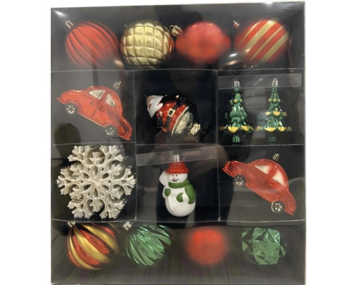 Boules pour sapin de Noël Lafiora figurines famille en plastique 25 pièces Ensemble de décorations de sapin de Noël variées dans un emballage, comprenant des boules, une voiture, un bonhomme de neige, un Père Noël, un flocon de neige et un arbre