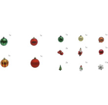 Ensemble de décorations pour sapin de Noël avec boules, voiture, sapin, bonhomme de neige, père Noël et flocons de neige