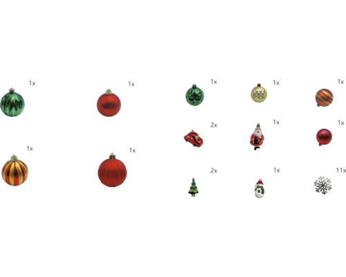 Ensemble de décorations pour sapin de Noël avec boules, voiture, sapin, bonhomme de neige, père Noël et flocons de neige