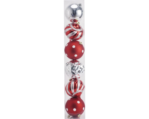 Boules pour sapin de Noël Lafiora plastique rouge/argent 6 pièces Boules de Noël variées dans un emballage transparent