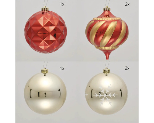 Verschiedene Christbaumkugeln mit Aufhängung, Set mit sechs Stück