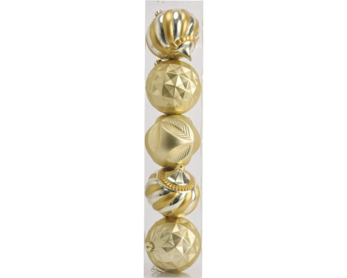 Fünf Christbaumkugeln in verschiedenen Designs in einer Röhre Fünf Christbaumkugeln in verschiedenen Designs in einer Röhre