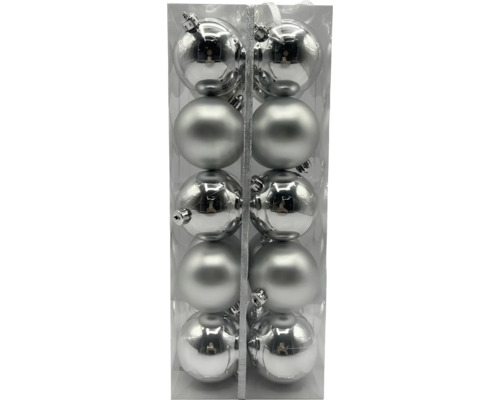 Douze boules de Noël dans un emballage transparent.