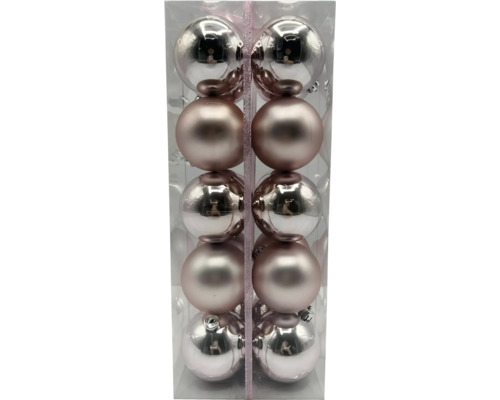 Paquet de douze boules de Noël argentées et or rose