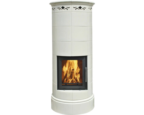 Poêle en faïence DOMOFIRE Genf céramique blanc 9 kW avec accumulateur de chaleur Poêle avec porte noire et bois qui brûle