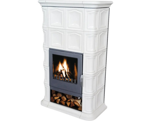Kaminofen Kachelofen DOMOFIRE Wels Keramik weiß knochenfarbe 8 kW Mit Wärmespeicher Mit Holzfach Kaminofen mit Holzfach