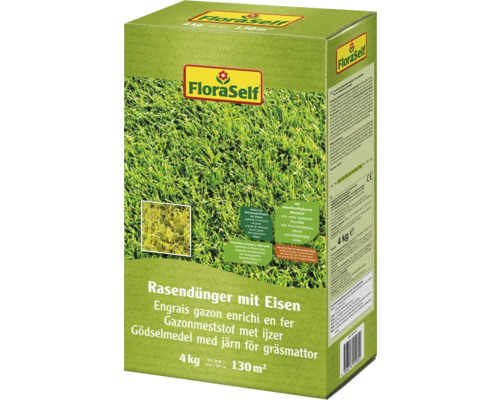 Rasendünger mit Eisen FloraSelf 4 kg / 130 m² mineralischer Dünger FloraSelf Rasendünger mit Eisen für circa 130 Quadratmeter Rasenfläche in einer 4 Kilogramm Packung