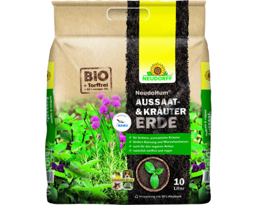 NeudoHum Aussaaterde & Kräutererde Neudorff 10 L Bio und torffrei, zur Anzucht von Jungpflanzen und Stecklingen Sack mit NeudoHum Aussaat- und Kräutererde, 10 Liter, torffrei und vegan