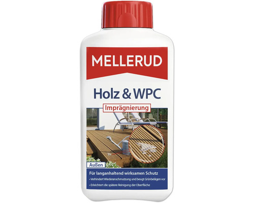 Imprégnation bois et bois composite Mellerud 0,5 l Mellerud Imprégnation bois et WPC pour l''extérieur dans une bouteille blanche