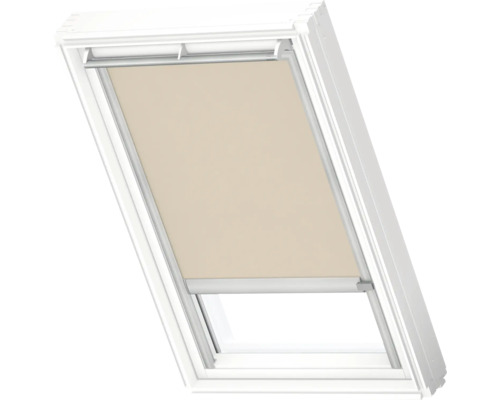 VELUX Dachfenster Rollo blickdicht beige mit grauem Alu-Rahmen solarbetrieben RSL S31 4155K Beiges Rollo in weißem Dachfenster