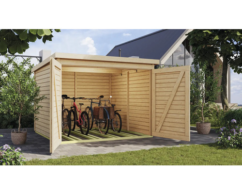 Fahrradgarage aus Holz mit geöffneten Türen und mehreren Fahrrädern