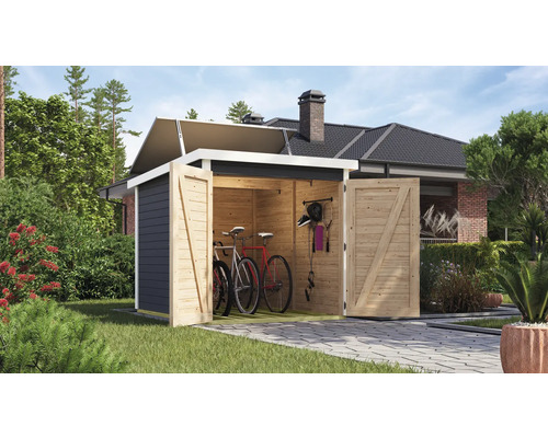 Abri de jardin en bois avec vélos et outils de jardin à l''intérieur