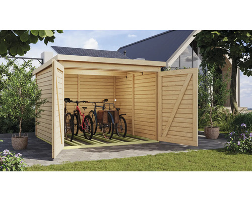 Abri à vélos Karibu 4 avec installation solaire 212,5 x 216,5 cm nature Cabane en bois ouverte avec vélos pour le stockage dans le jardin