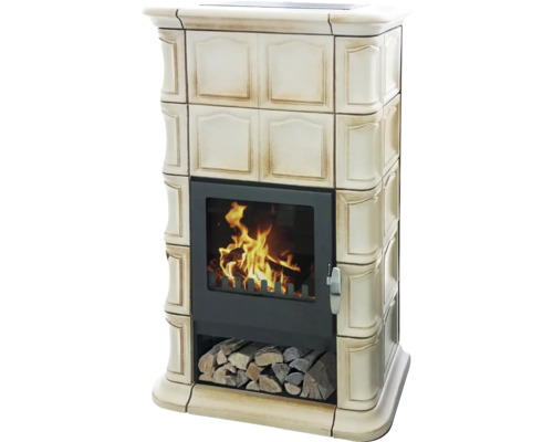Kaminofen Kachelofen DOMOFIRE Wels Keramik cremebraun 8 kW Mit Wärmespeicher Mit Holzfach Kaminofen mit Holzfach und Fliesenverkleidung