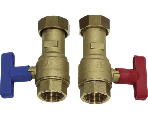 Zwei Absperrventile aus Messing mit farbigen Griffen
