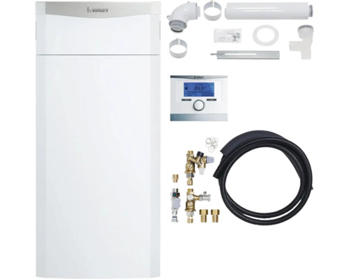 Vaillant Paket 1.410/5 Gas-Kompaktgerät ecoCOMPACT VSC 206/4-5 90 Liter, witterungsgeführter Regelung multiMATIC VRC 700/6, Sicherheitsgruppe und Luft-/Abgasführung flexibel Ø 80 PP Gasart LL 0010029733 Vaillant Logo Brennwertgerät mit Zubehör
