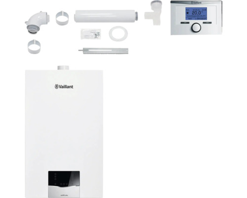 Vaillant Paket 1.193 4x Gas-Wandheizgerät ecoTEC plus VC 20 CS/1-5 und Raumtemperaturregler calorMATIC VRT 350 und flexible Abgasleitung Ø 100 PP 8000014509 für Mehrfachbelegung Vaillant ecotec plus Gasheizung mit Zubehör und Vaillant Logo