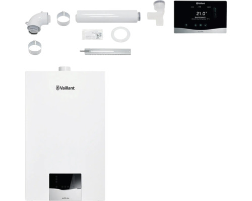Vaillant Paket 1.196 3x Gas-Wandheizgerät ecoTEC plus VC 20 CS/1-5 und Raumtemperaturregler sensoHOME VRT 380/2 und flexible Abgasleitung Ø 100 PP 8000014522 für Mehrfachbelegung Vaillant ecoTEC plus Gas-Brennwertgerät mit Zubehör und Vaillant Logo