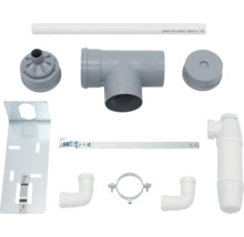 Verschiedene Sanitärinstallationsmaterialien auf weissem Hintergrund.