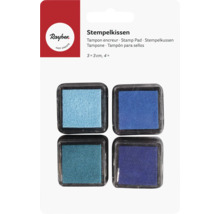 Quatre tampons encreurs bleus, 3 x 3 cm chacun