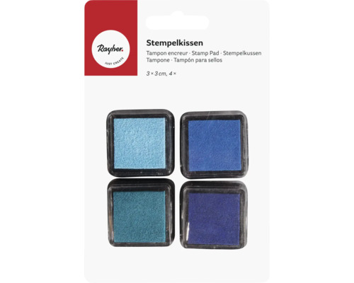 Quatre tampons encreurs bleus, 3 x 3 cm chacun
