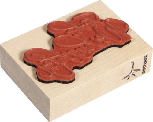 Tampon en bois avec inscription et logo du fabricant