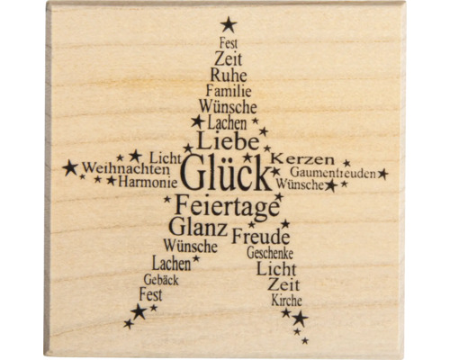 Holzstempel mit weihnachtlichen Wörtern in Form eines Weihnachtsbaums