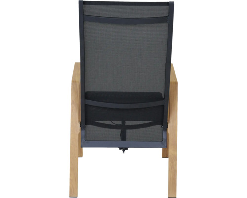 Chaise de jardin avec cadre en bois et revêtement en maille sur le dossier et l'assise