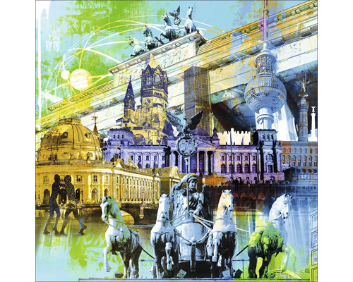 Collage représentant des monuments berlinois tels que la porte de Brandebourg et la tour de télévision