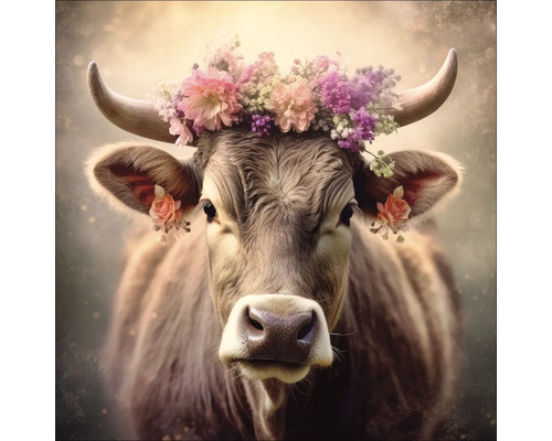 Portrait d''une vache avec une couronne de fleurs sur la tête