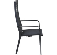 Chaise de jardin avec accoudoirs, structure métallique et revêtement textile
