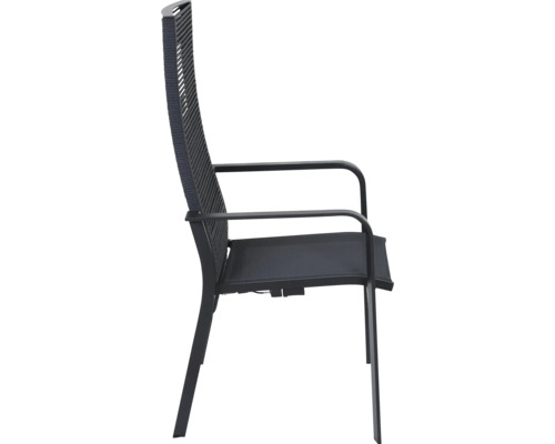 Chaise de jardin avec accoudoirs, structure métallique et revêtement textile