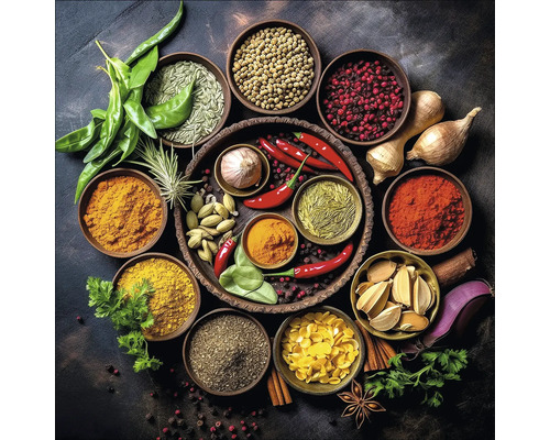 Tableau en verre Colorful Spice Creation 30x30 cm Diverses épices et herbes présentées dans des bols et sur une assiette